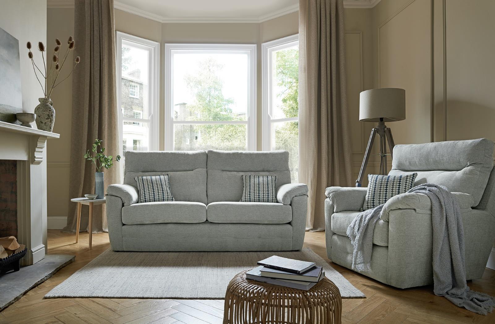 Dynasty 3 Seater High Back Sofa In Ascot Shark Blue Fabric